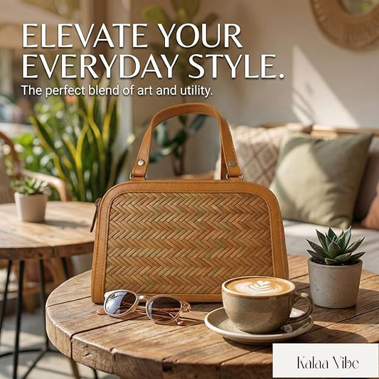 Kalaa Vibe Premium Woven Pattern Handbag for Women – Elegant Brown Faux Leather Shoulder & Tote Bag, Stylish Daily Use Purse with Durable Handles, Lightweight Design, Perfect for Casual, Office (Copy)