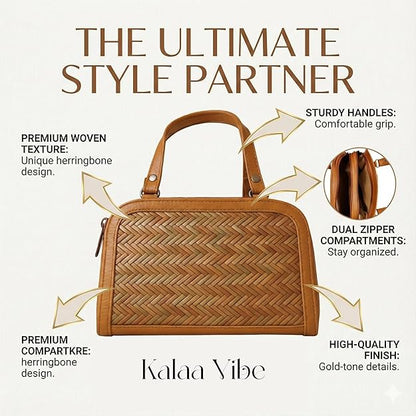 Kalaa Vibe Premium Woven Pattern Handbag for Women – Elegant Brown Faux Leather Shoulder & Tote Bag, Stylish Daily Use Purse with Durable Handles, Lightweight Design, Perfect for Casual, Office