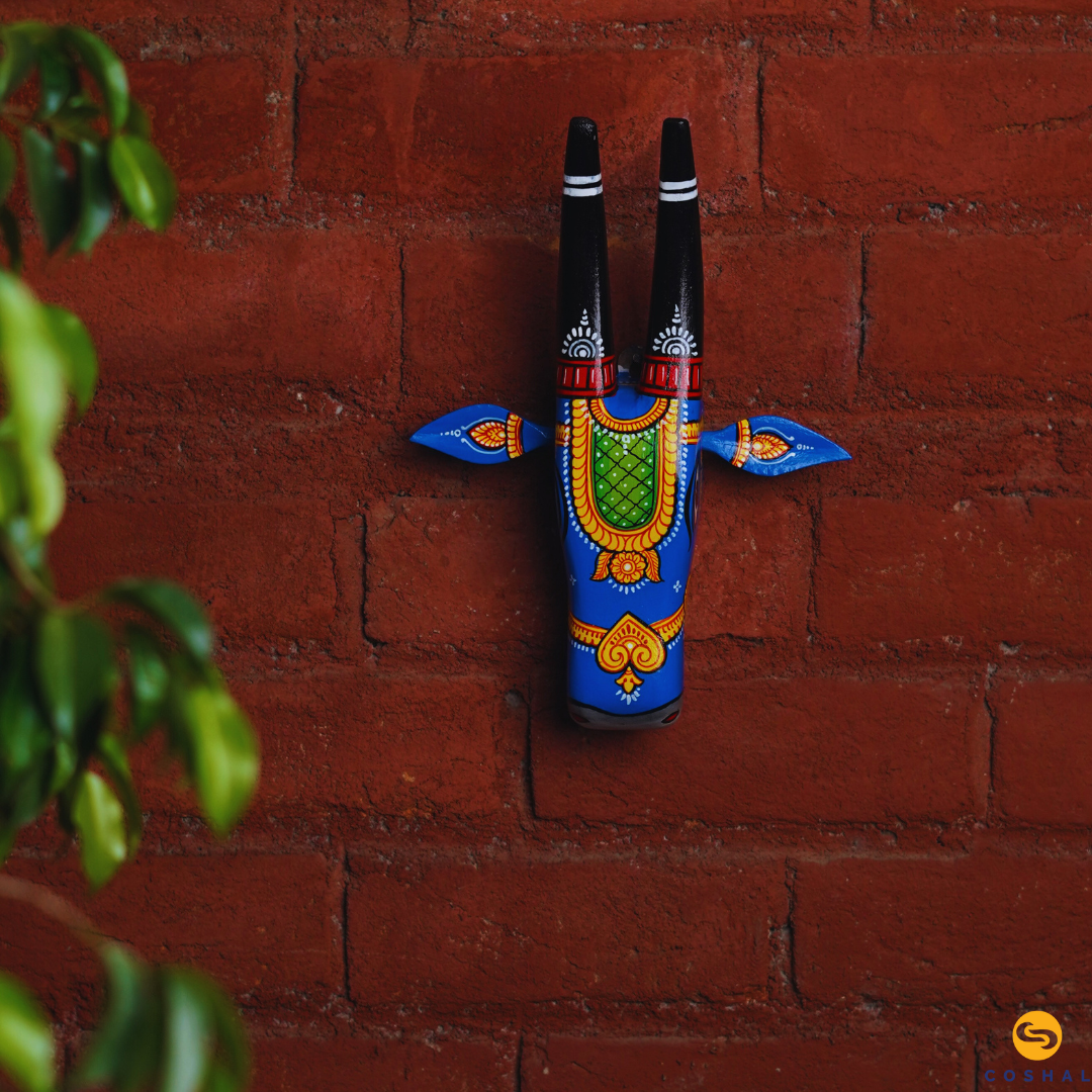 Handpainted Wooden Cowhead Blue 11 inches | Pattachitra Art | Best for wall decor | Coshal | OD02