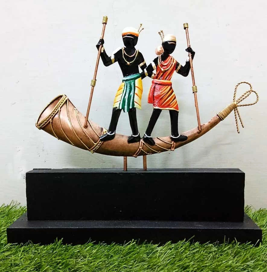 Tribal Couple on Trumpet (Turhi) Table Top Artifact – 9x10 Inches