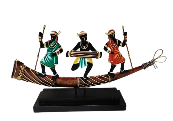 Three Tribal Musicians on Trumpet (Turhi) Table Top Artifact – 10x15 Inches