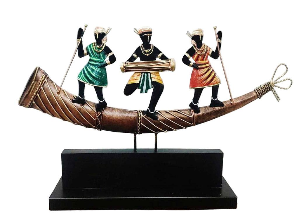 Three Tribal Musicians on Trumpet (Turhi) Table Top Artifact – 10x15 Inches