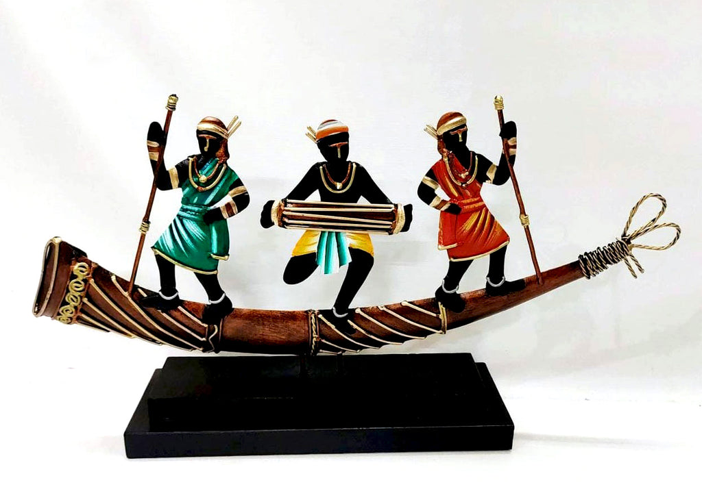 Three Tribal Musicians on Trumpet (Turhi) Table Top Artifact – 10x15 Inches