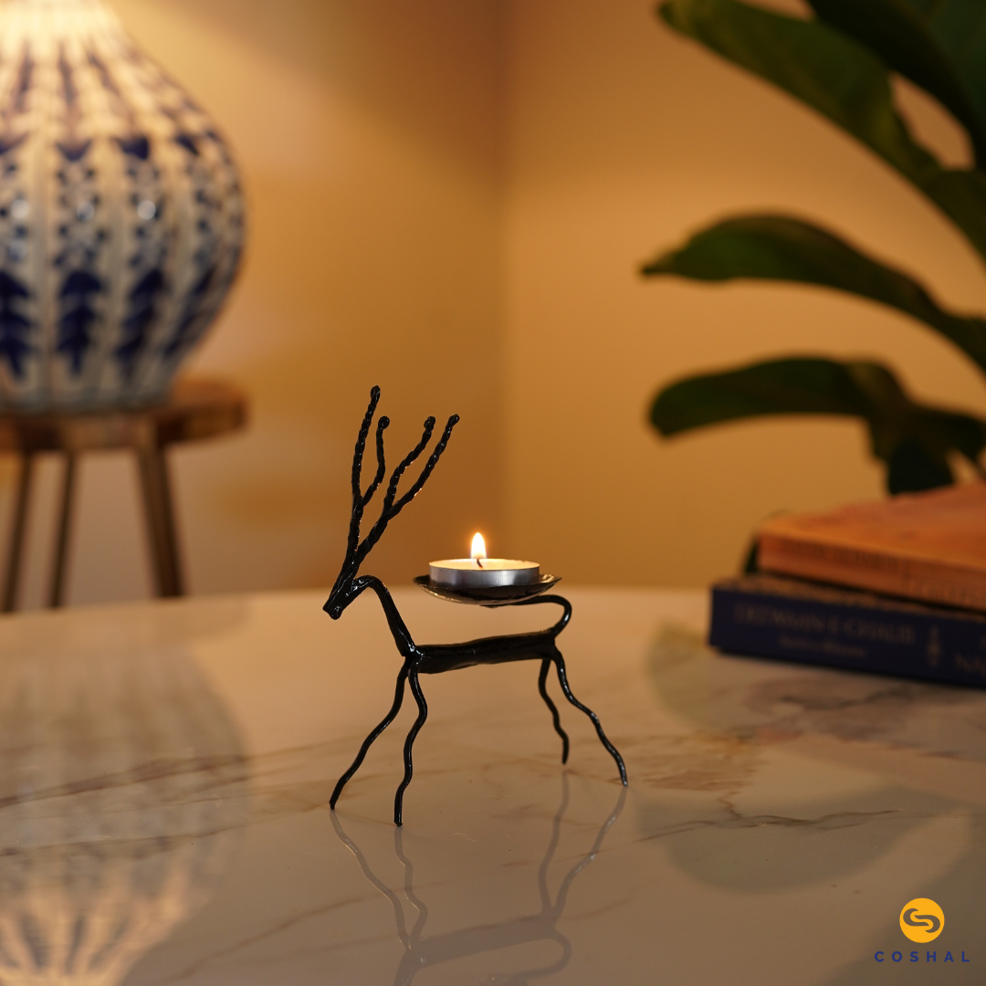 Tribal Tealight Candle Holder | Wrought Iron | Standing Deer Tealight Candle Holder for Diwali Decor | Coshal | CI14