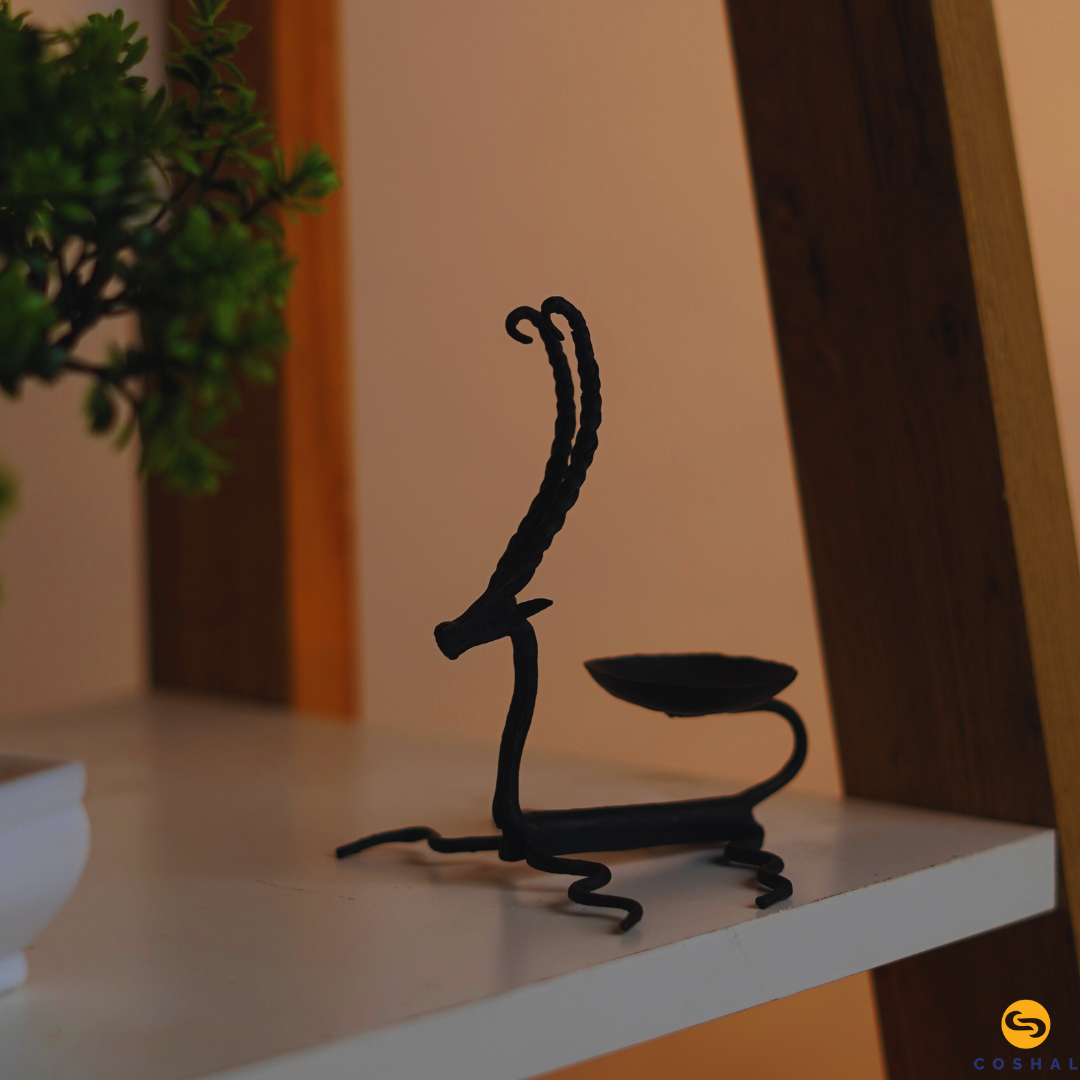 Wrought Iron Deer Shaped Candle Stand | Tribal Wrought Iron Tealight Holder | Coshal | CI38
