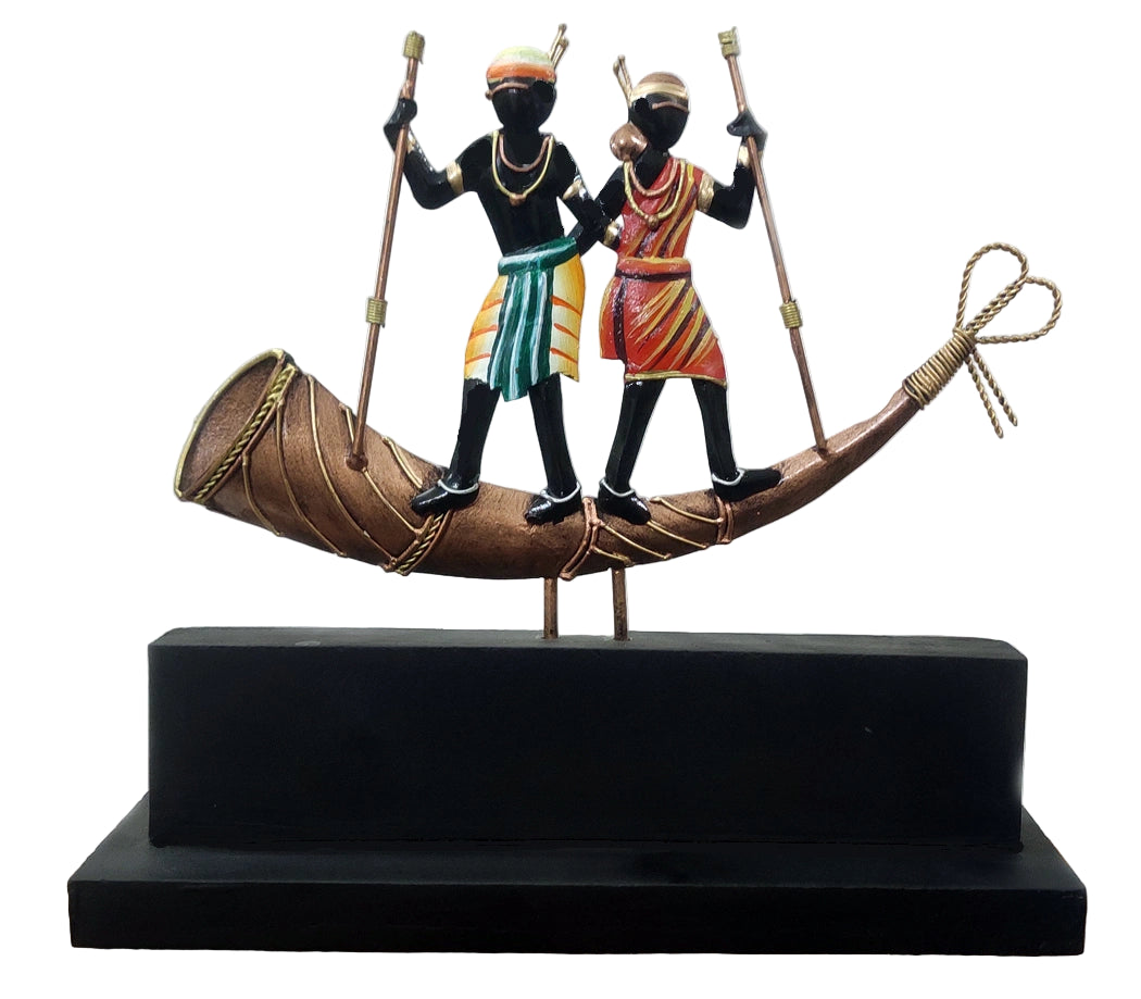 Tribal Couple on Trumpet (Turhi) Table Top Artifact – 9x10 Inches