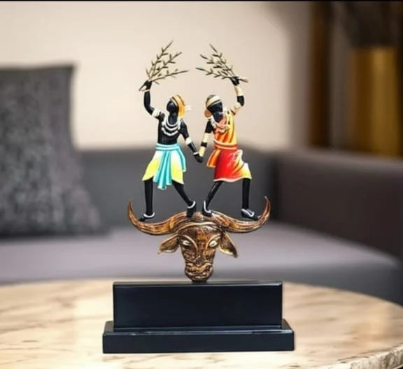 Rectangle Tribal Farmer Couple on Bull