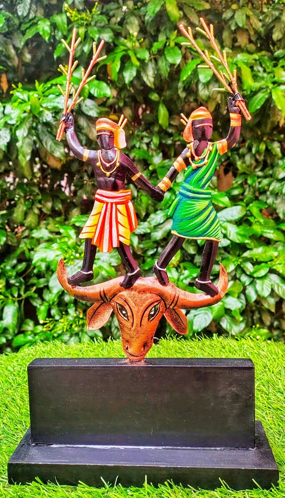 Rectangle Tribal Farmer Couple on Bull