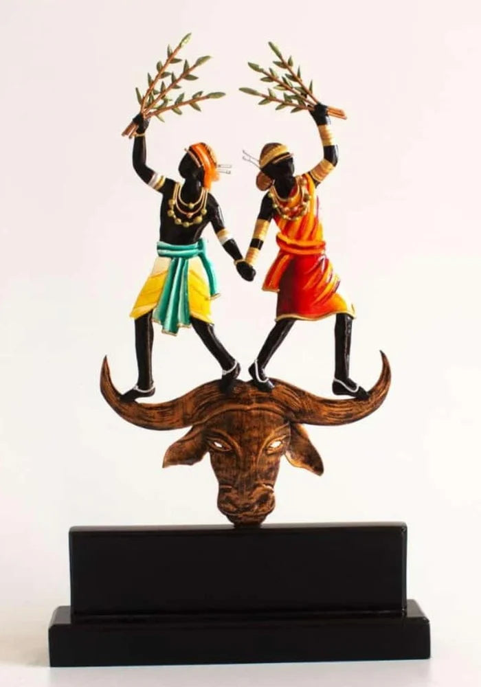 Rectangle Tribal Farmer Couple on Bull